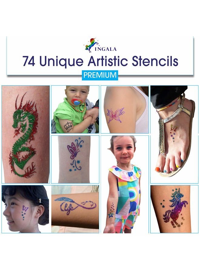 INGALA Premium Glitter Temporary Tattoo Kit for Boys and Girls, 74 Stencils, 16 Colors and 2X 0.5 fl.oz Body Glue for Body Glitter Fake Tattoos for Kids Makeup Tattoo Supplies Party Favors Party Supplies - Image 1