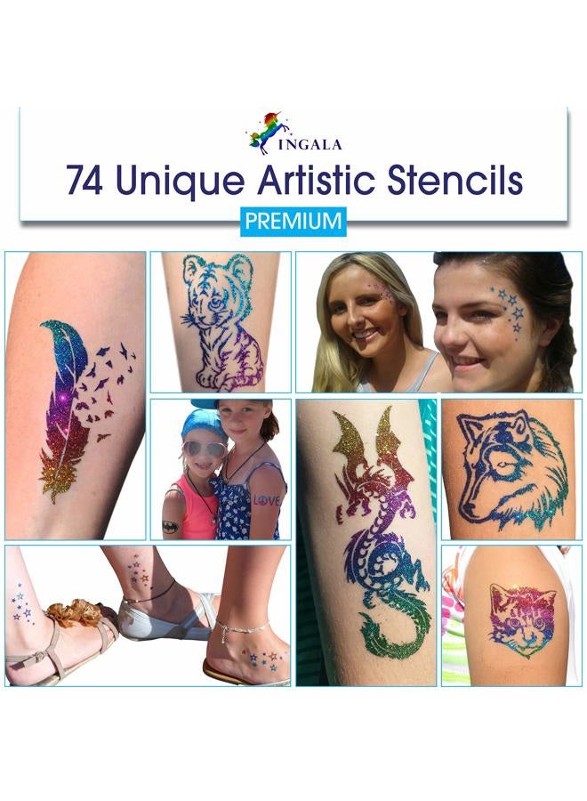INGALA Premium Glitter Temporary Tattoo Kit for Boys and Girls, 74 Stencils, 16 Colors and 2X 0.5 fl.oz Body Glue for Body Glitter Fake Tattoos for Kids Makeup Tattoo Supplies Party Favors Party Supplies - Image 2