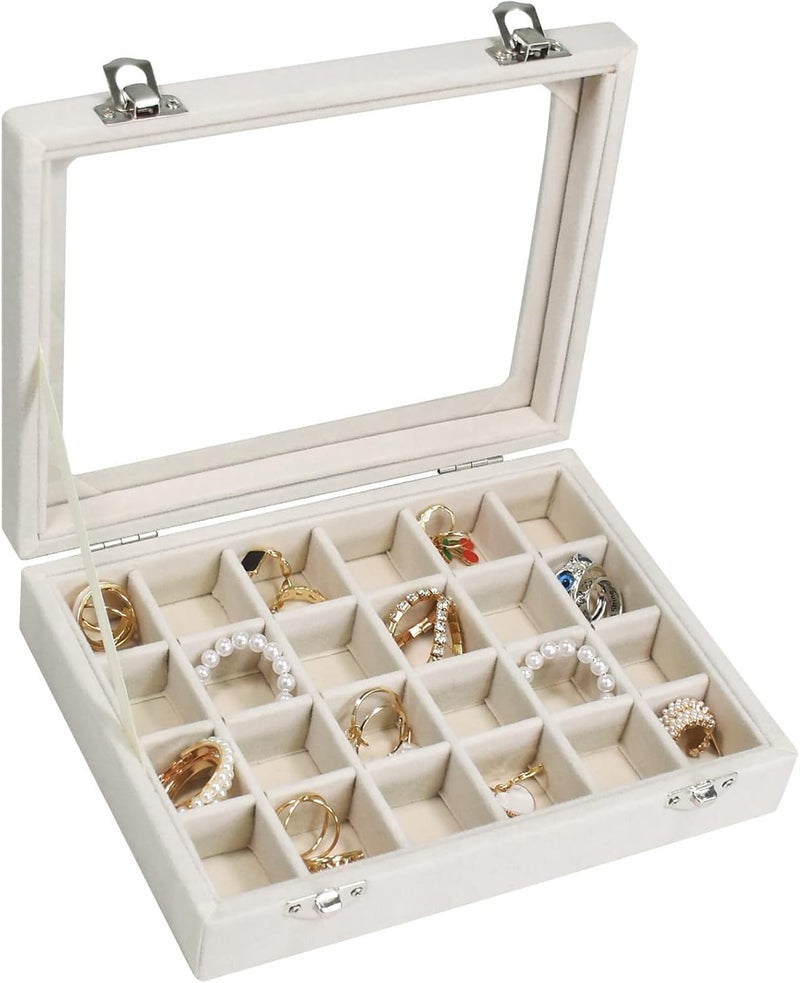 Vicoter Velvet Jewelry Box 24 Grid Organizer for Rings and Earrings - Beige - Image 1