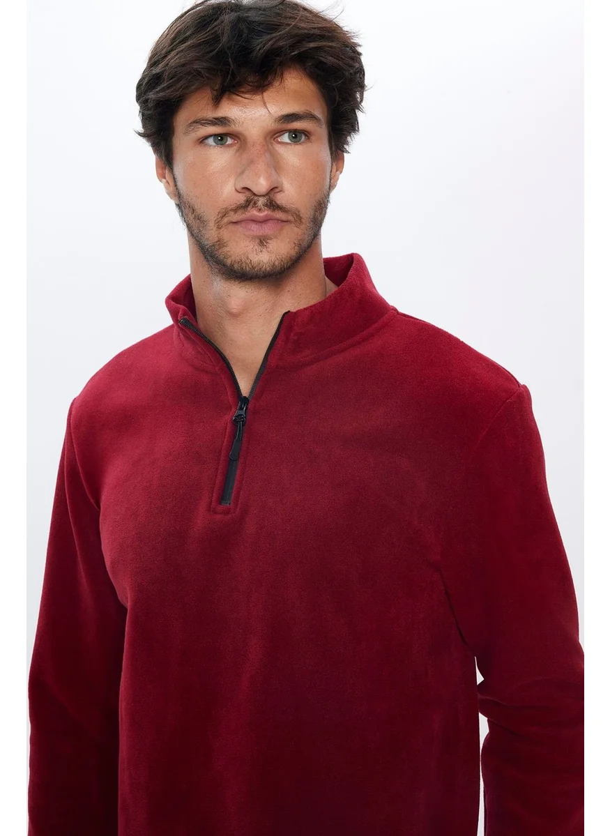 Tudors Men's Stand-Up Collar Non-Pilling Cold-Proof Standard Fit Comfortable Cut Fleece Claret Red Sweatshirt