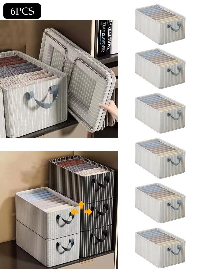DUNISO 6-Piece Set, Bedroom, Clothes Storage Box, Wardrobe Storage Organizer, Large Foldable Clothing Storage Bag With Handles, And Suitable For Home Bedroom Office, Can Store Shirts, T-Shirts, Children's Jeans, Scarves, Leggings And Baby Clothes, Etc., Gray And White Stripes  - Image 1