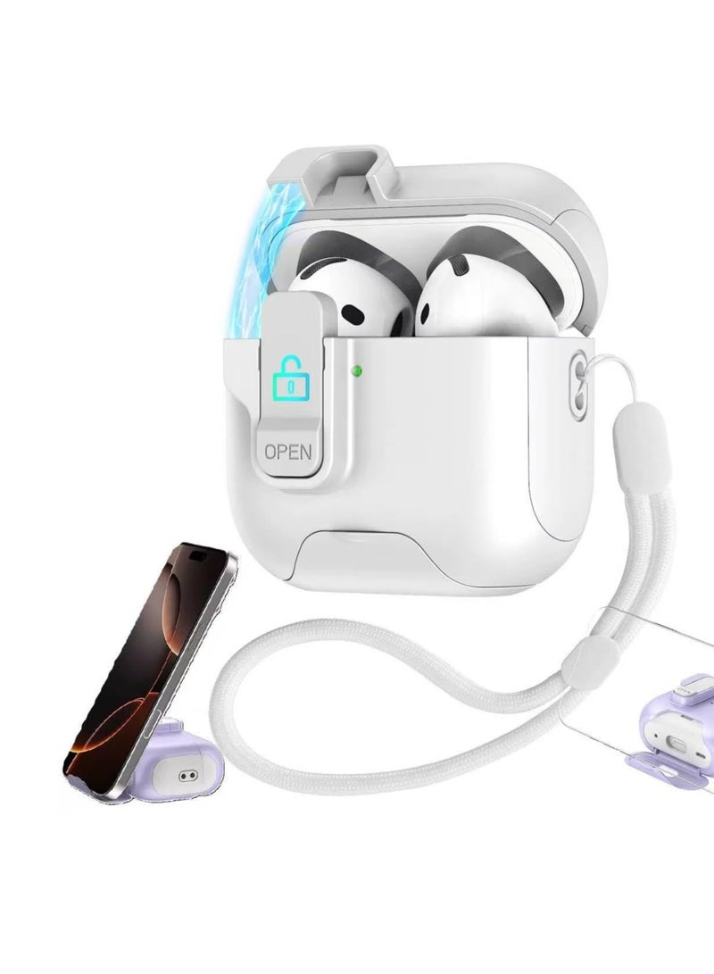 case for AirPods 4th Generation Case with Secure Lock,Shockproof Hard Protective Cover for AirPods 4th Case with Phone Holder,Airpod 4th Cases with Lanyard (White) - Image 1