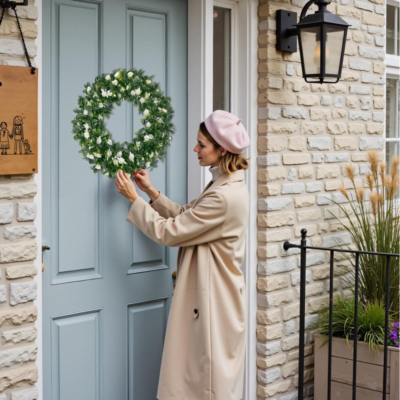 U'Artlines 15" Spring Summer Wreath for Door Green Boxwood Wreath Greenery Hanging Garland for Home Wedding Wall Window Decoration Greenï¼†White - Image 5