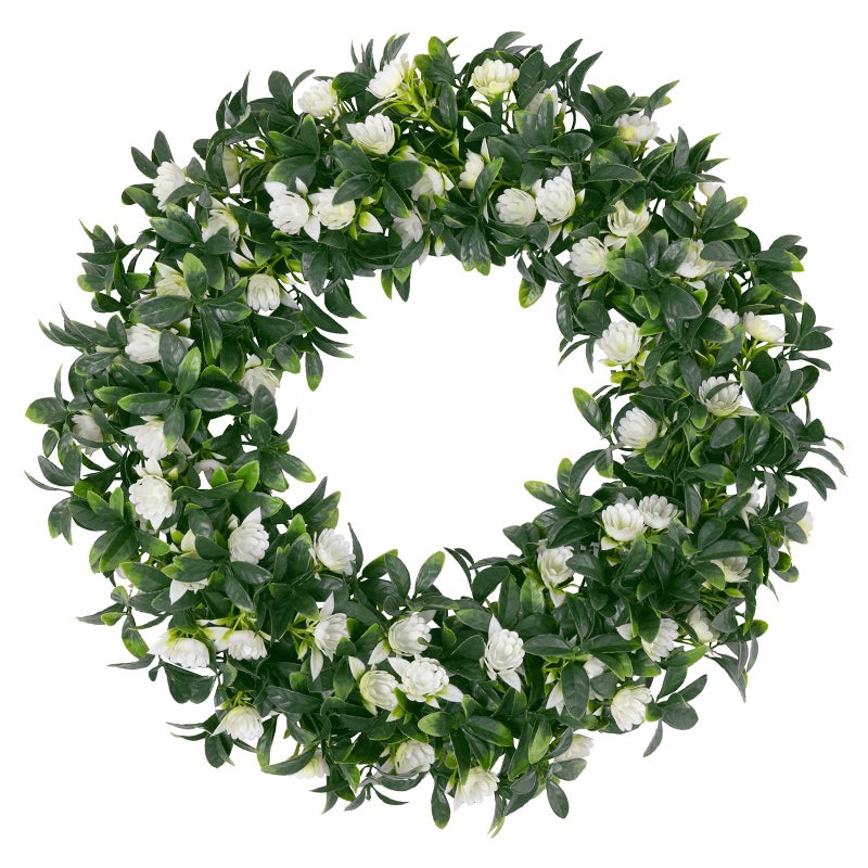 U'Artlines 15" Spring Summer Wreath for Door Green Boxwood Wreath Greenery Hanging Garland for Home Wedding Wall Window Decoration Greenï¼†White - Image 1