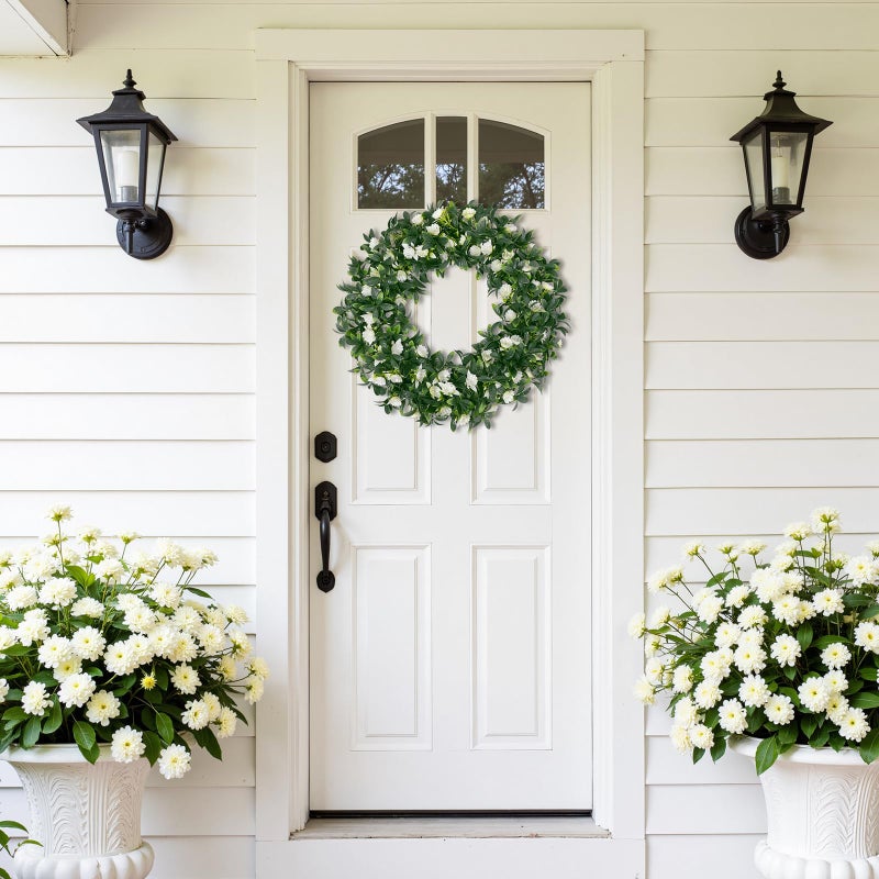 U'Artlines 15" Spring Summer Wreath for Door Green Boxwood Wreath Greenery Hanging Garland for Home Wedding Wall Window Decoration Greenï¼†White - Image 4