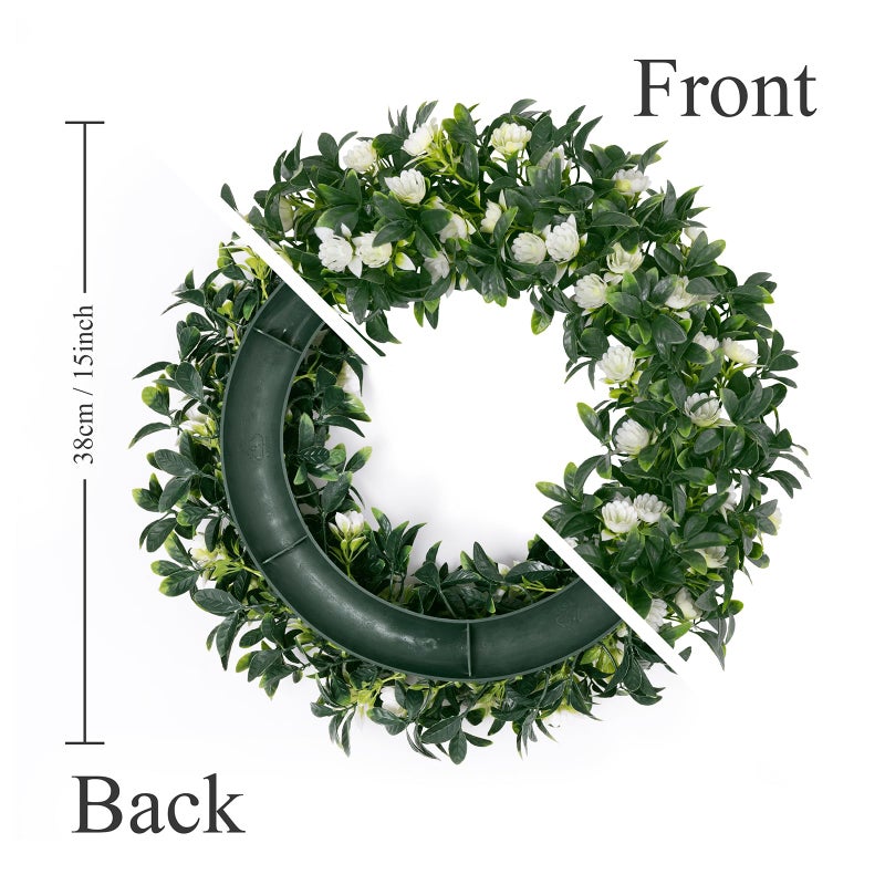U'Artlines 15" Spring Summer Wreath for Door Green Boxwood Wreath Greenery Hanging Garland for Home Wedding Wall Window Decoration Greenï¼†White - Image 3