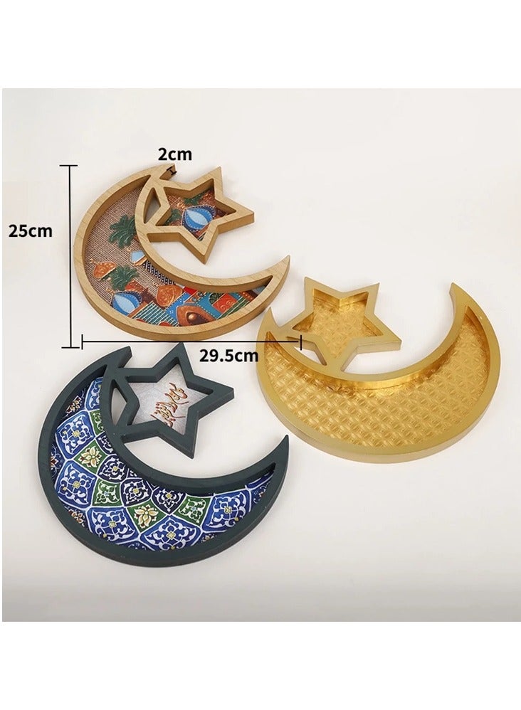 2025 Moon Star Shape Wooden Pastry Tray Family Ramadan Party Decoration Blue Color  - Image 3