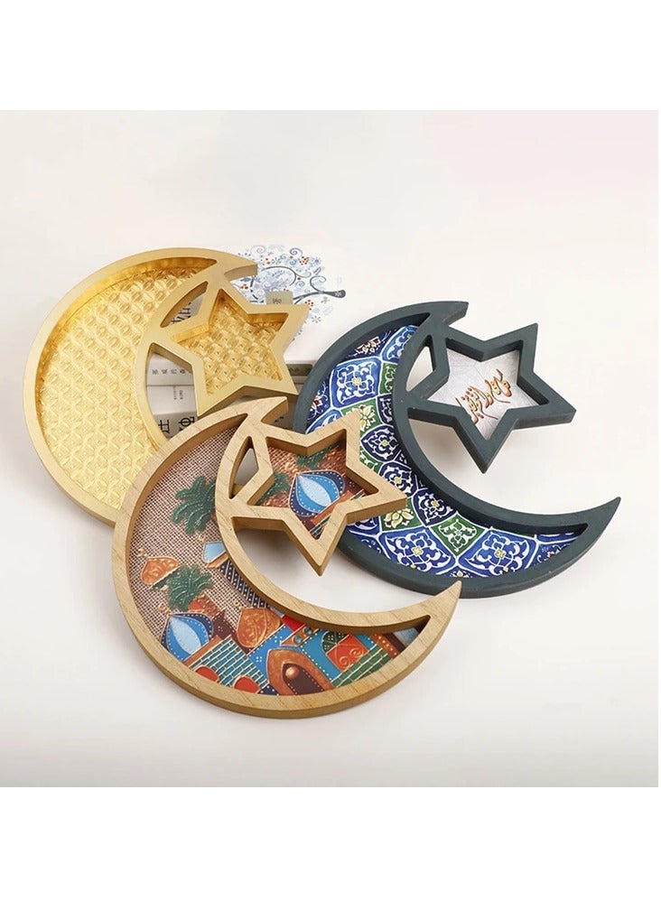 2025 Moon Star Shape Wooden Pastry Tray Family Ramadan Party Decoration Blue Color  - Image 2