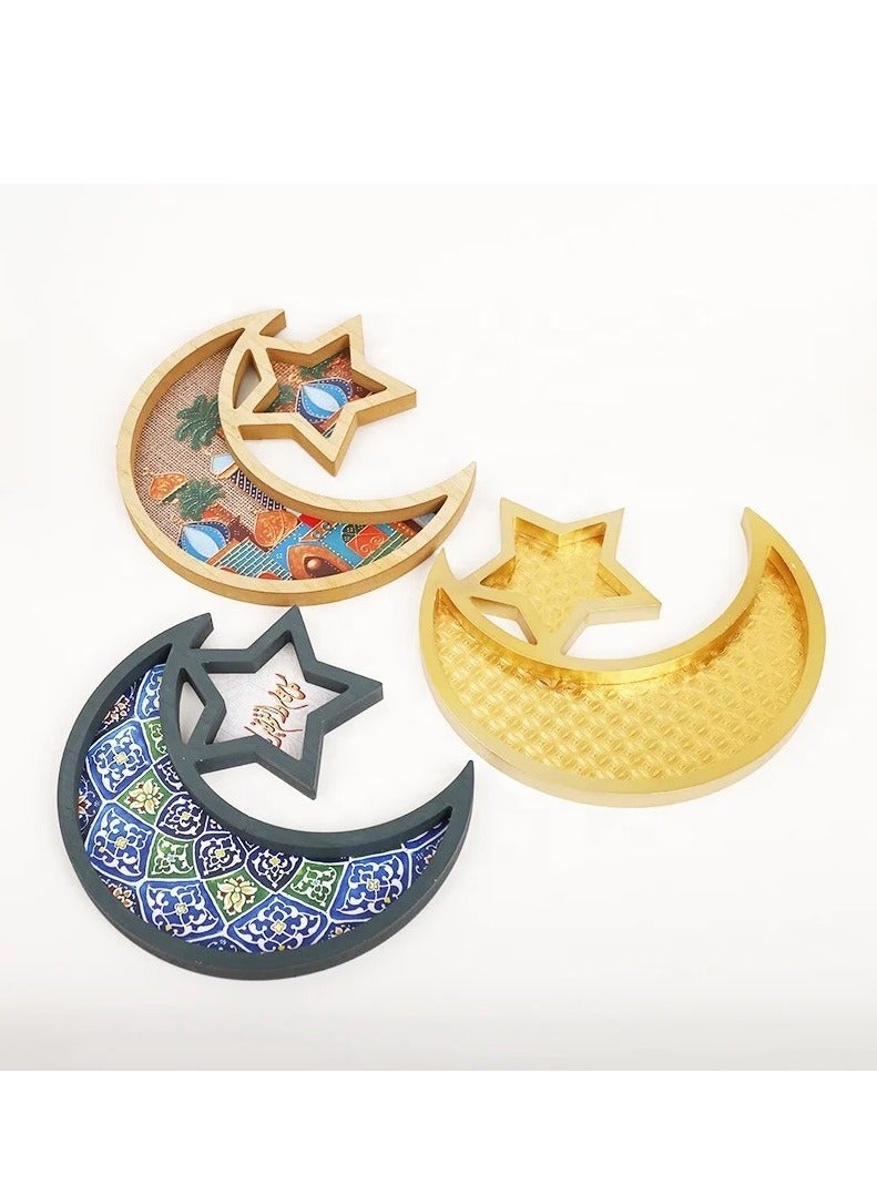 2025 Moon Star Shape Wooden Pastry Tray Family Ramadan Party Decoration Blue Color  - Image 5