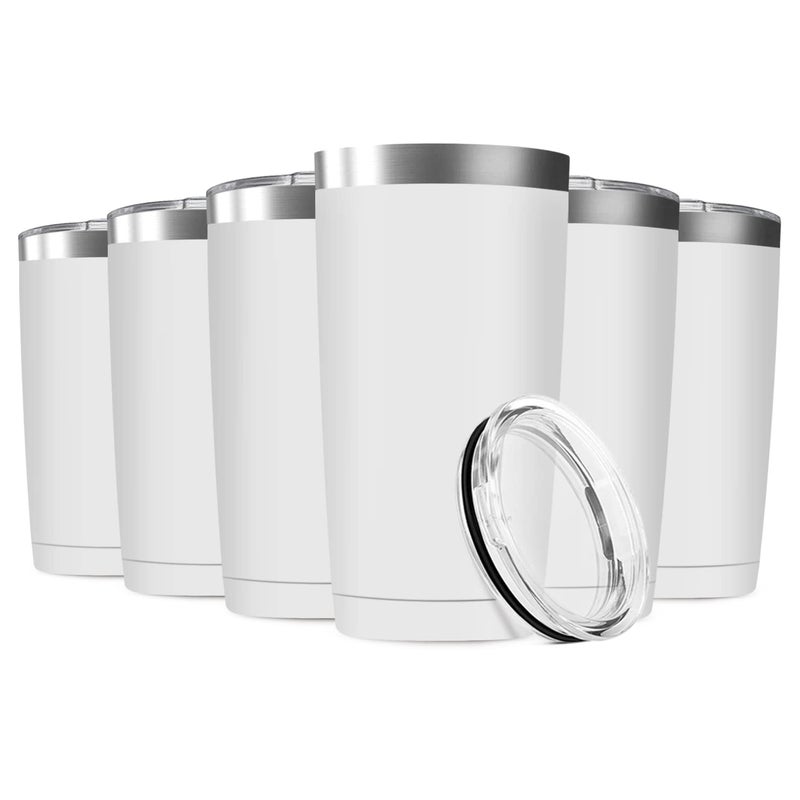 Deitybless 6 Pack 20oz Tumbler Vacuum Insulated Travel Mug with Lids Stainless Steel Double Wall Bulk Cup for Home Office Outdoor Suitable for Vehicle Cup HoldersWhite