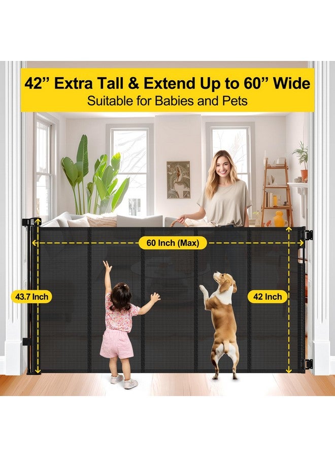 Bingguz Reinforced 42” Extra Tall Retractable Baby Gates with Rods, Extends up to 60” Wide, Tall Retractable Dog Gate for Doorways Prevent Crawling Through Mesh Pet Gate Indoor Outdoor, Black - Image 4