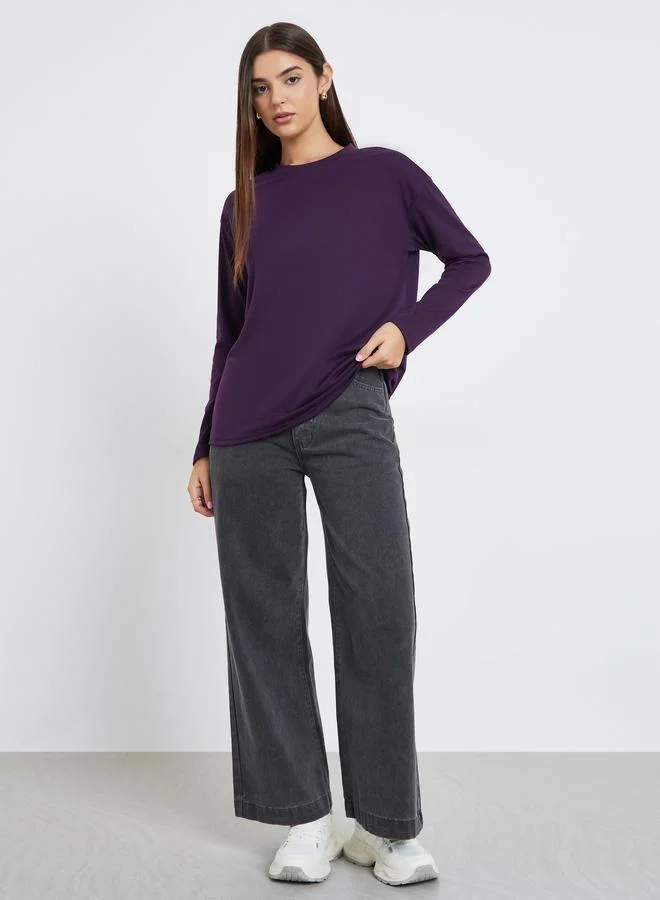 Styli Women Purple Solid Dropped Shoulder Oversized T-Shirt