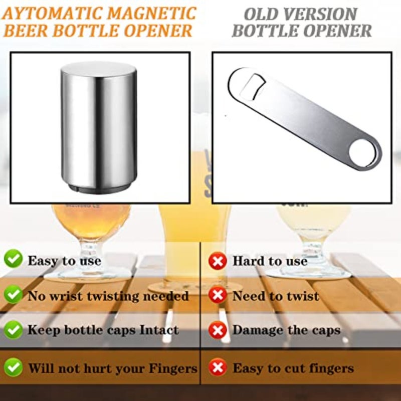 2PCS Pop-the-Top Beer Bottle Opener, Metal Automatic Magnetic Glass Bottle Cap Openers, Wine Bartender Tool Cap Catcher for Bar, Party, Wine Ceremony, Restaurant Household Utensils, Easy to Use-Silver - Image 3