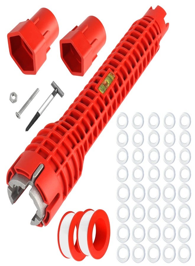 LeeLoon 8-in-1 Faucet & Sink Installer Wrench - Red, Plastic, Ratchet, Plumbing Tool - Includes 2 Replaceable Heads (34mm & 40mm), 40 Washer Gaskets, 2 Thread Seal Tape - Plumbing Wrench - Image 1