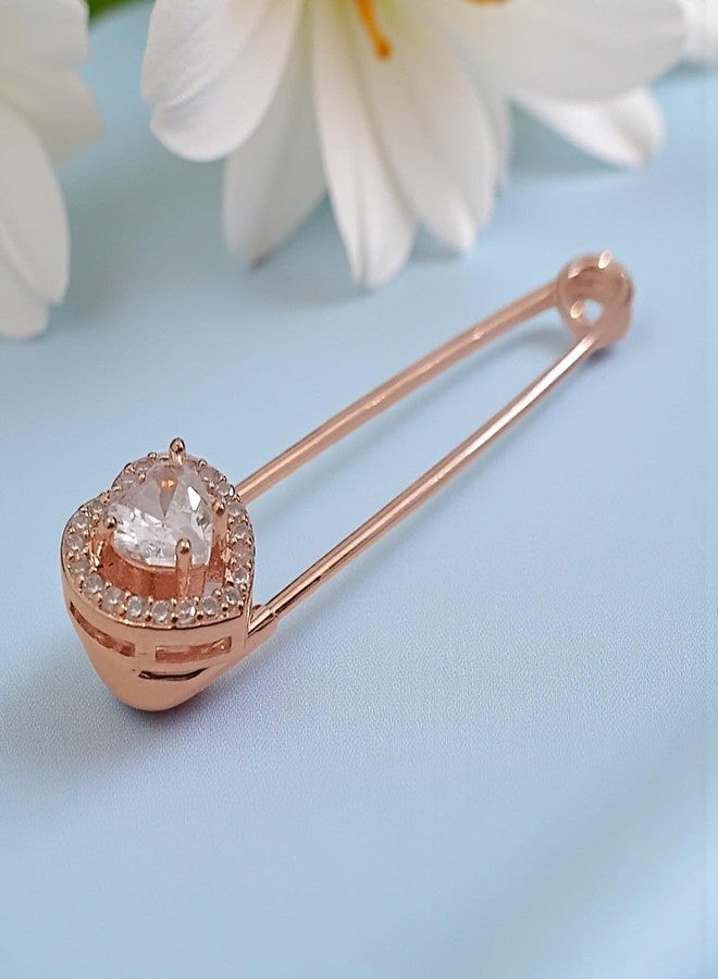 ACCESSHER Women's & Girls Rose Gold-Plated Heart Shape American Diamond Safety Pin Brooch, Decorative Saree and Hijab Pin, Elegant Saree Pleats, Pallu & Dupatta Accessory - Image 3