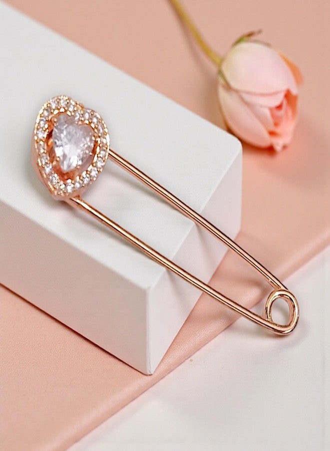ACCESSHER Women's & Girls Rose Gold-Plated Heart Shape American Diamond Safety Pin Brooch, Decorative Saree and Hijab Pin, Elegant Saree Pleats, Pallu & Dupatta Accessory - Image 4