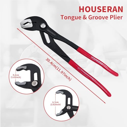 HOUSERAN 12 Inch Water Pump Pliers, Groove Joint Wrench With Comfort Red Grips, CRV Tongue and Groove for Home Repair, Gripping, Nuts, Bolts, Pipe & Fittings - Image 2