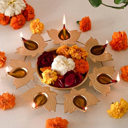 Klassic Unique and Antique 7 Lotus Diya Shape Urli Bowl | Metal, Perfect for Home Decor and a Unique Gift for Diwali, Housewarming, and Festive Celebrations (Golden, Pack of 1) - Image 1