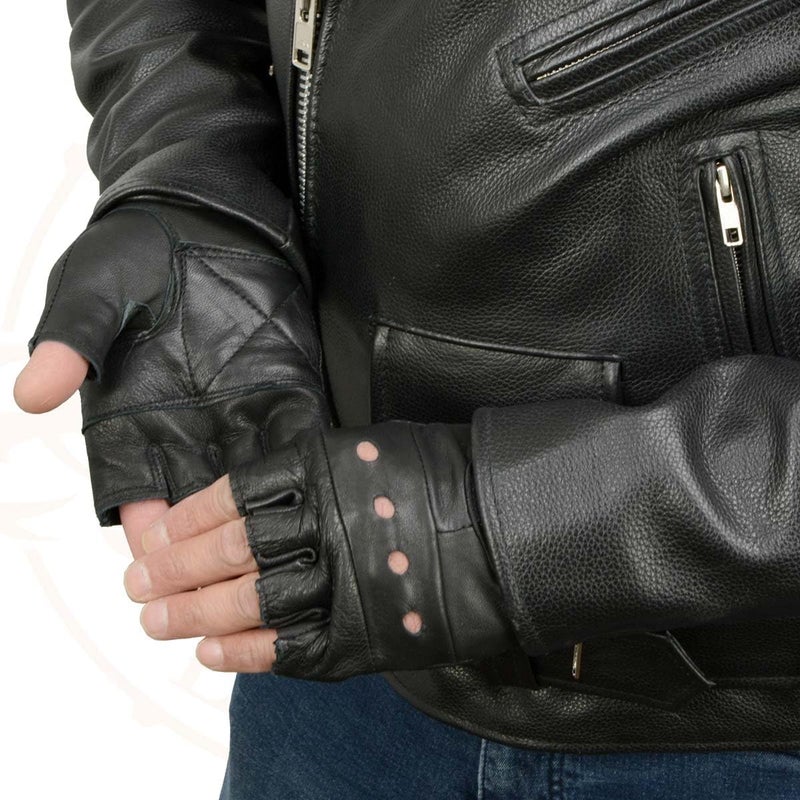 Milwaukee Leather قفازات ميلووكي ليدر SH216 للرجال من الجلد الأسود مع راحة اليد المبطنة بالهلام، بدون أصابع، لركوب الدراجات النارية، مع مفاصل مفتوحة قابلة للتنفس - مقاس كبير جدًا - Image 2