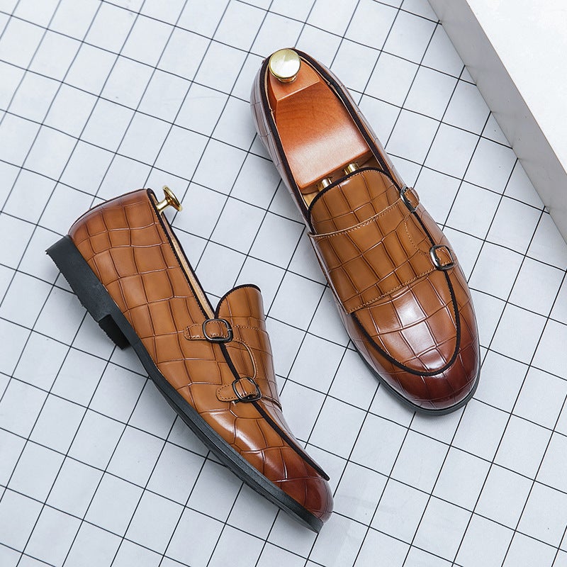 Slip-On Men'S Shoes, Horsebit British Style Fashionable Large Size Stone Pattern Business Casual Small Leather Shoes, Loafers For Trendy Men - Image 1