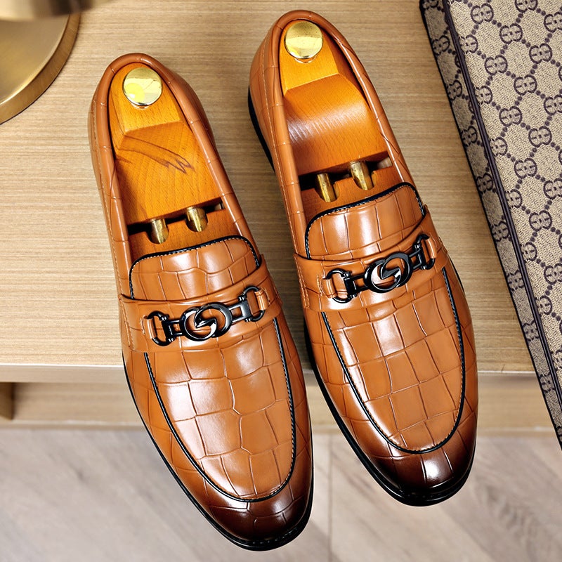 Slip-On Men'S Shoes, Horsebit British Style Fashionable Large Size Stone Pattern Business Casual Small Leather Shoes, Loafers For Trendy Men - Image 2
