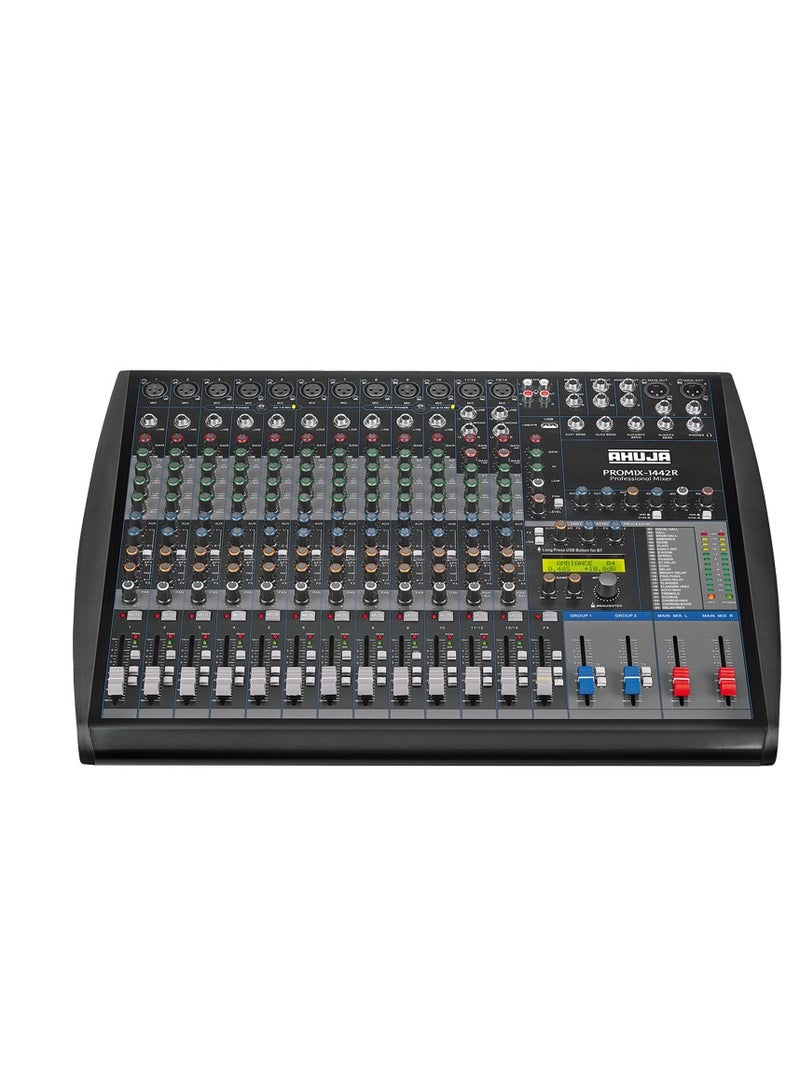 PROMIX-1442R مع مسجل MP3 مدمج، 24 تأثير رقمي، مخرجات مجموعتين، إمداد طاقة فانتوم 48V على جميع القنوات، تشغيل AC