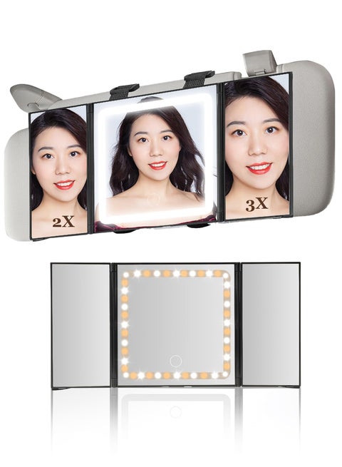 Car Sun Visor Vanity LED Mirror with 3 Lights Modes Foldable and Rechargeable Super long standby Zoomable 2-3x Dimmable Easy to Install Touch Screen Rearview Sun-Shading Mirror for Car Truck SUV