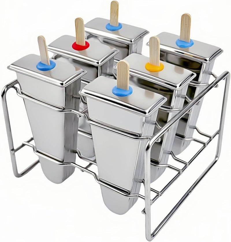 ELEMONY Stainless Steel Popsicle Molds, Set of 6 Ice Cream Maker, Ice Pop Molds With Holder, Metal Reusable Homemade Popsicle Molds with Sticks and Bags (Triangle Cup, No Slot) - Image 1
