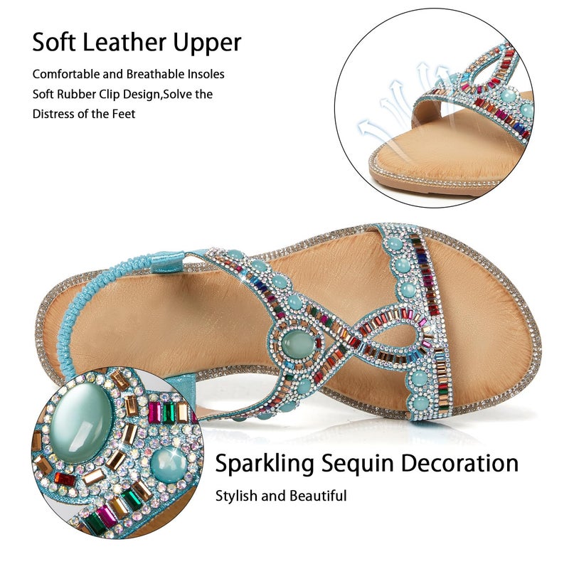 iCKER Women Rhinestone Sandals T-Strap Buckle Bohemian Pearl Crystal Flat Sandals-PD14-Blue-8.5 - Image 2