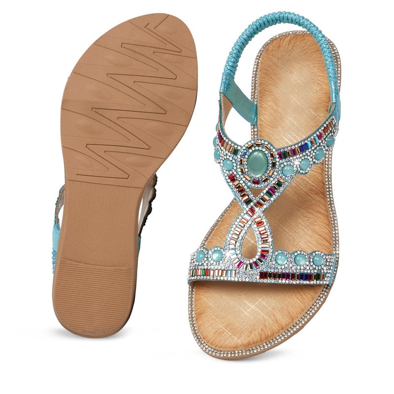 iCKER Women Rhinestone Sandals T-Strap Buckle Bohemian Pearl Crystal Flat Sandals-PD14-Blue-8.5 - Image 5