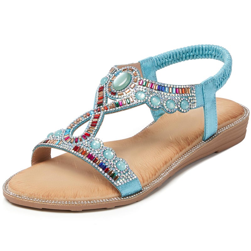 iCKER Women Rhinestone Sandals T-Strap Buckle Bohemian Pearl Crystal Flat Sandals-PD14-Blue-8.5 - Image 1