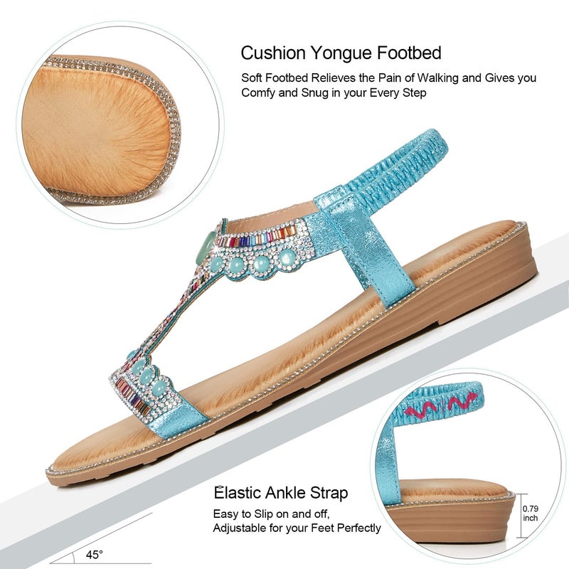 iCKER Women Rhinestone Sandals T-Strap Buckle Bohemian Pearl Crystal Flat Sandals-PD14-Blue-8.5 - Image 3
