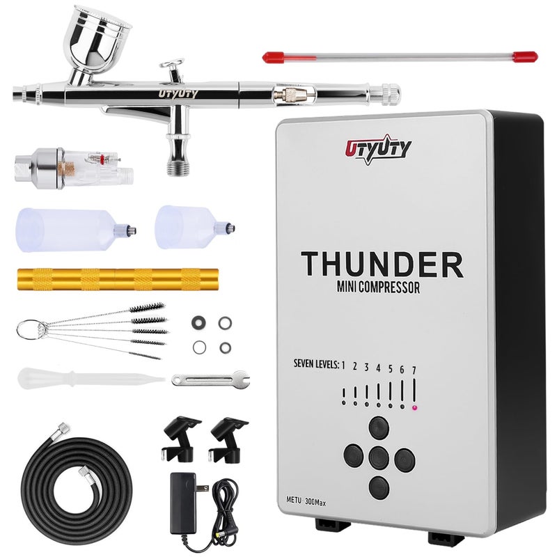 UTYUTY Airbrush Kit with Air Compressor,Portable 27PSI 7 Pressure Levels, 35dB Ultra-Quiet,Dual-Action 0.3mm Airbrush Gun for Beginners,Painting,Models,Makeup,Crafts & Cake Decor - Image 1