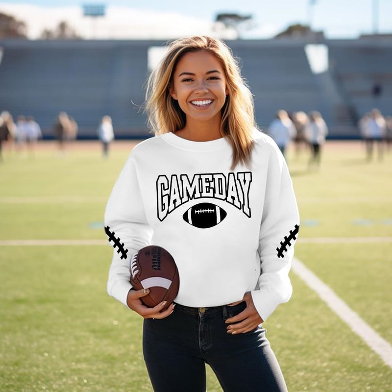 FAYALEQ Game Day Sweatshirts Women Football Sweatshirt Football Rugby Pullovers Casual Game Day Fan Pullover Top White - Image 3