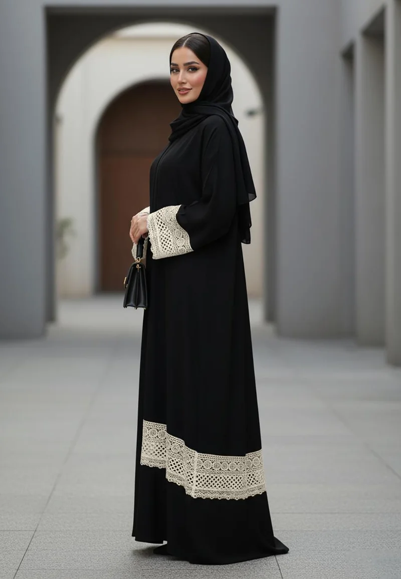 NUKHBAA  Classic Black Nida Abaya with Cream Lace Insert Detail | Nida Fabric-788 for Women | Best Price UAE