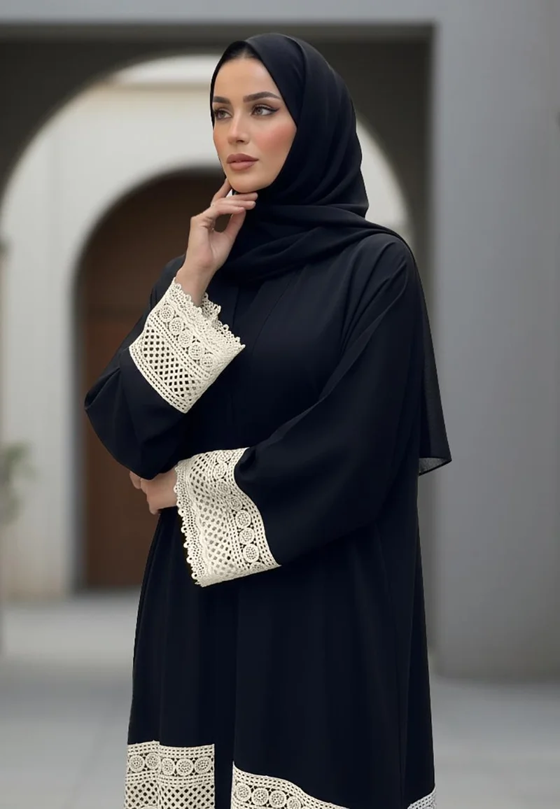 NUKHBAA  Classic Black Nida Abaya with Cream Lace Insert Detail | Nida Fabric-788 for Women | Best Price UAE