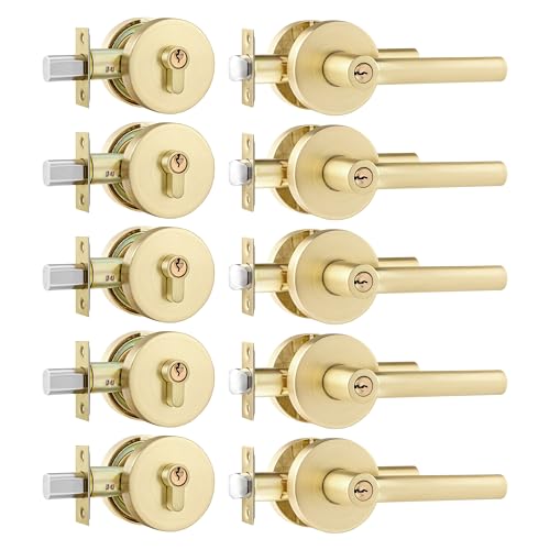 Leydebong 5 Pack Gold Heavy Duty Entrance Lever Door Handle (for Office and Front Door) Reversible for Right and Left Side Single Keyed Square Deadbolt Lock Set, Finish in Satin Brass - Image 1