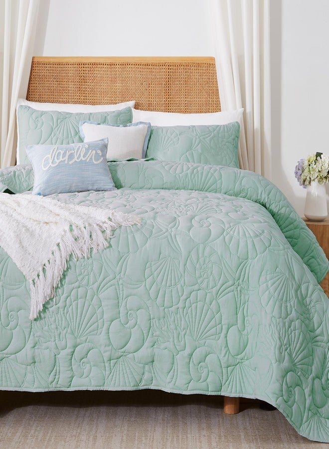 WDCOZY Coastal Beach King Size Quilt Bedding Sets, Seafoam Green Nautical Tropical Ocean Bedspread, Scallop Seashell Soft Coverlet, Lightweight Summer Thin Comforter for All Season - Image 3