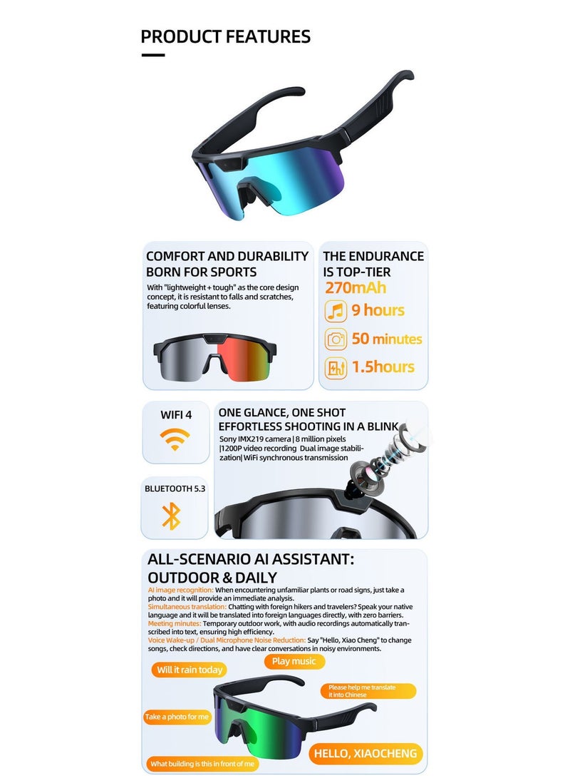 ZESITH Ice Blue AI Smart Translation Sunglasses 800W Pixel Camera Video Recording Outdoor Sports Cycling Fishing Glasses - Image 5