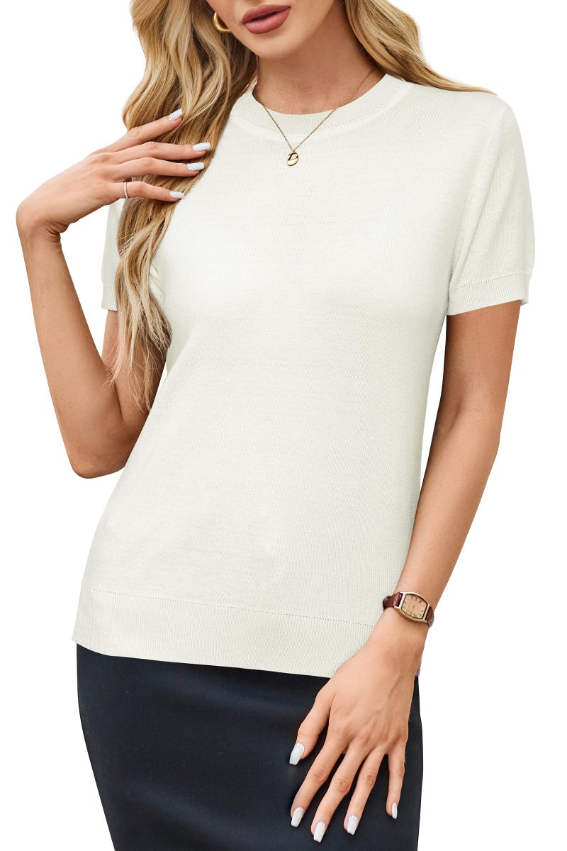 Arach&Cloz Womens Summer Tops Short Sleeve Pullover Sweaters Crew Neck Business Casual Tops Trendy 2026 (White,S) - Image 2