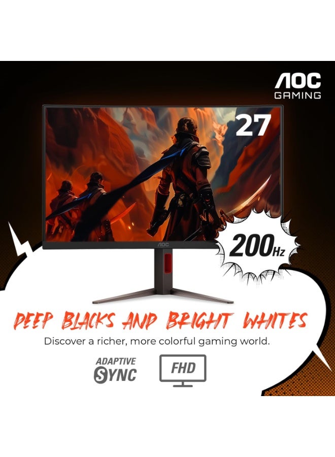 AOC C27G4H2 27" Curved Gaming Monitor, FHD 1920x1080, 1500R, 200Hz Refresh Rate, 0.3ms Response Time, Height Adjustable, Black, Xbox PS5 Switch Compatible Black - Image 2