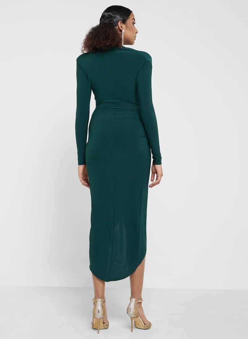 John Zack Emerald Ruched Midi Dress
