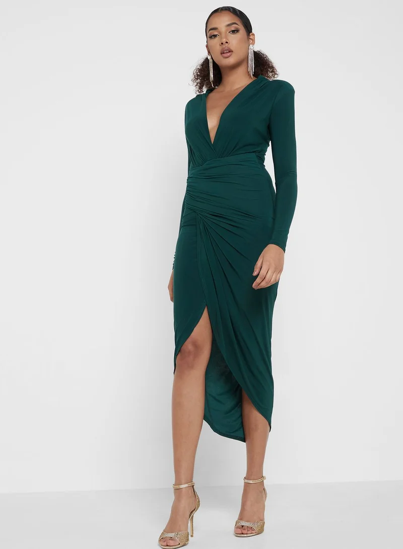 John Zack Emerald Ruched Midi Dress