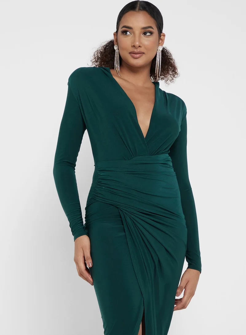 John Zack Emerald Ruched Midi Dress