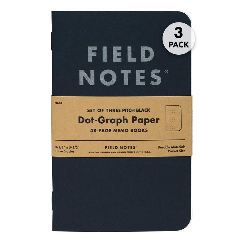 Field Notes 3-Pack Pitch Black Memo Books (3.5" X 5.5"), Dot-Graph, 48 Pages | Thin Pocket Sized EDC Notebook With 90 GSM Paper & Paperback Cover | Work Notebooks For Note Taking | Made in the USA - Image 1