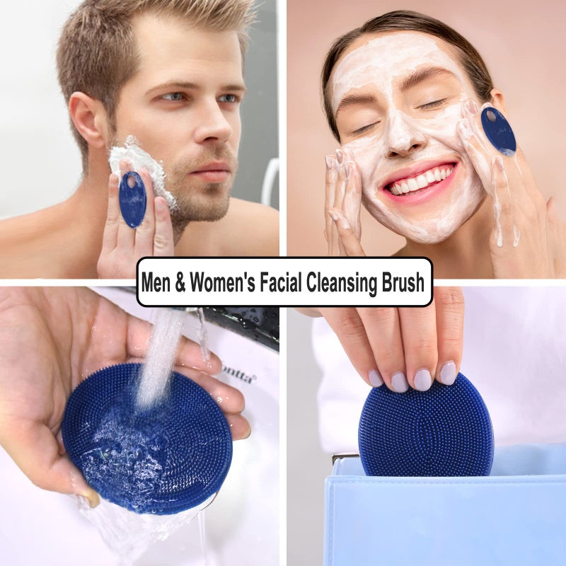 INNERNEED Silicone Face Exfoliating Brush Manual Handheld Facial Cleansing Scrubber Blackhead Remover, Food-Grade Soft Bristle (Dark Blue+Gray) - Image 4