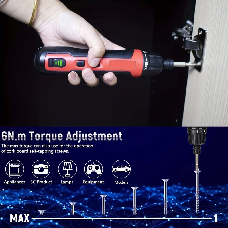 1Set 6 Speed Torque Electric Screwdriver Rechargeable 2000mah Mini Drill 3.7V Power Tools Set Red And Black Household Maintenance Repair - Image 2