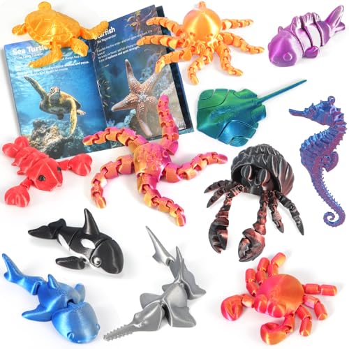 Toycost 12 Pack 3D Printed Animal Toys Desk Pets Sea Animal Toys with Educational Booklet for Kids Age 3 4 5 6 7 8 Ocean Animals Figurines Fidget Toy Birthday Gifts Office Desktop Home Decoration - Image 1