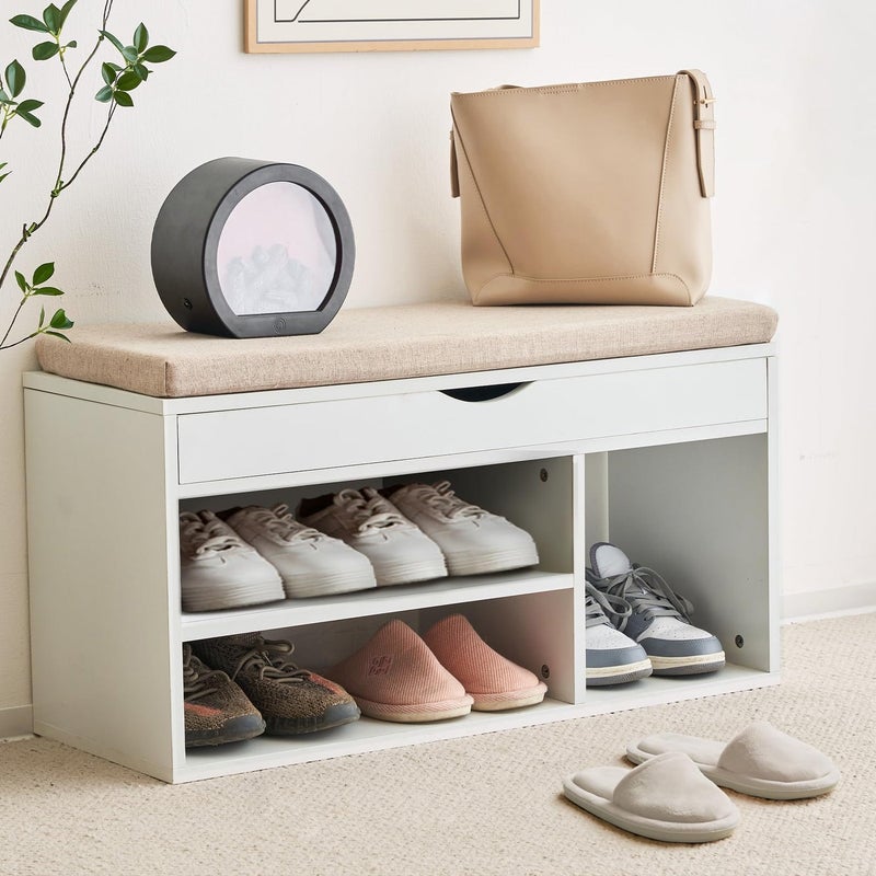 Apicizon 31 Inches Storage Bench Shoe Bench with Flip Top Storage Space and Padded Cushion Wooden Entryway Bench for Entryway Living Room 2Tier Shoe Rack Organizer White