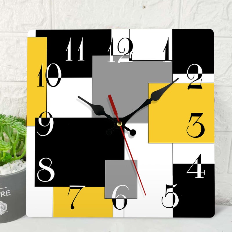 ArtSocket Wooden Wall Clock Silent NonTicking Yellow Black Grey Abstract Geometric Minimalist Checkered Square Rustic Wall Clocks Decor for Home Kitchen Living Room Office12 Inch